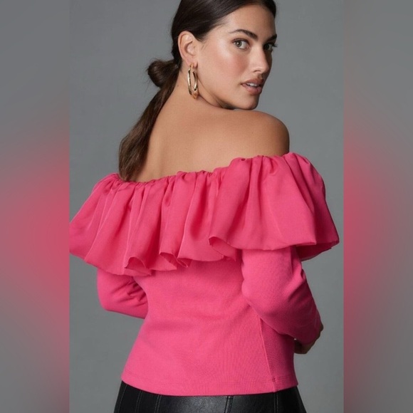 By Anthropologie Off-The-Shoulder Organza Ruffle Top Small Pink - Picture 1 of 9